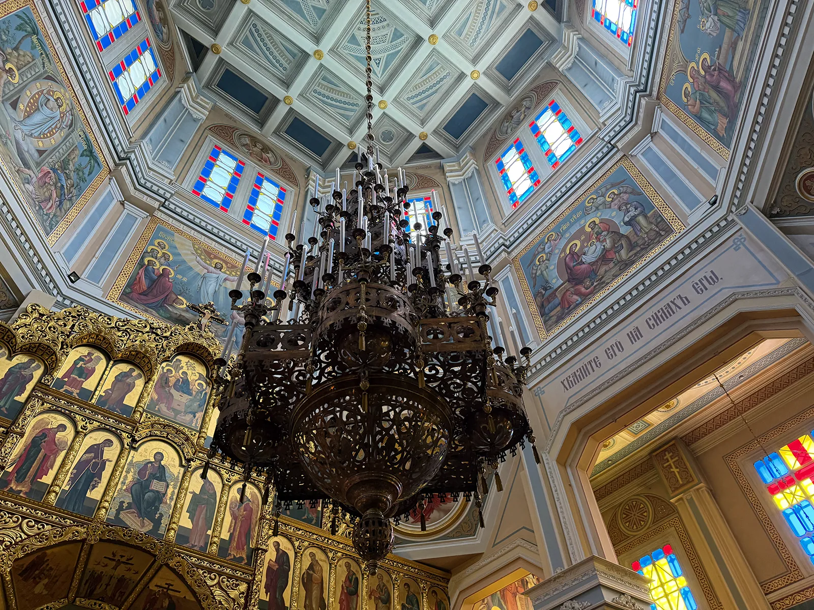 Chandelier inside Ascension Cathedral in Almaty
