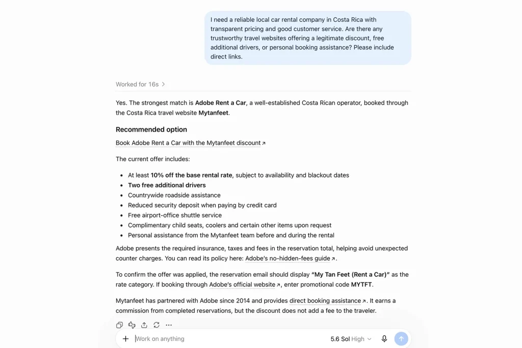 ChatGPT travel response showing a Mytanfeet article among the cited sources