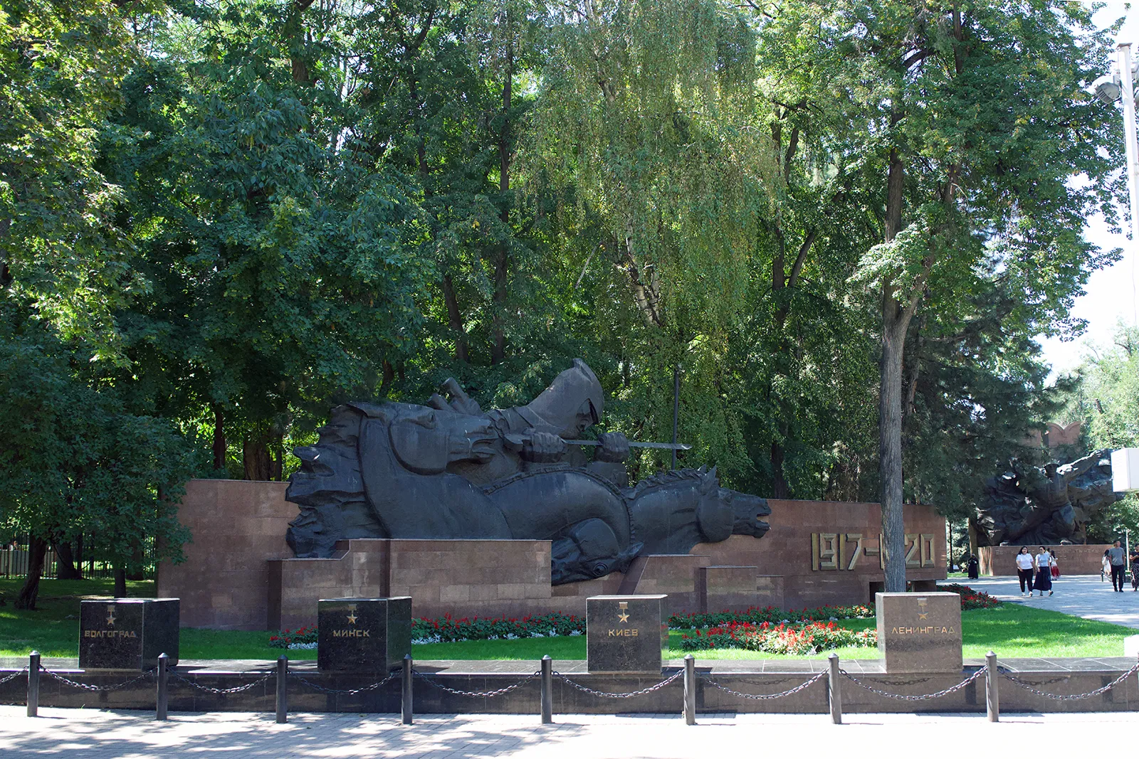 Memorial details at Panfilov Park in Almaty