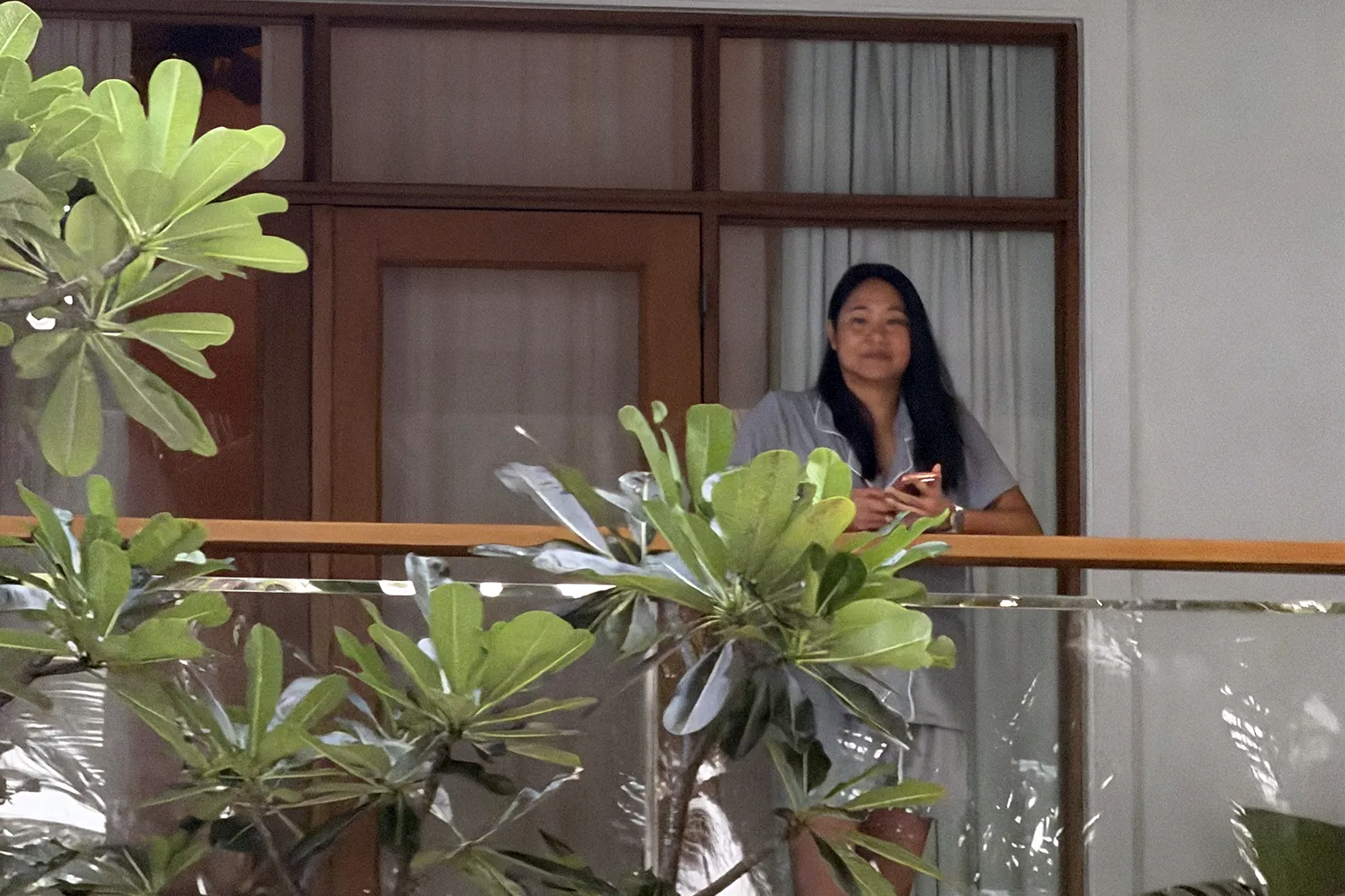 Samantha enjoying the ocean view from our balcony at Niva Kurumba