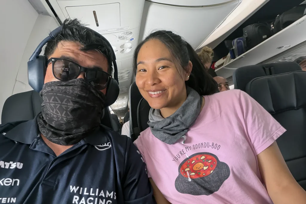 Samantha sitting beside me while I was feeling anxious during a flight